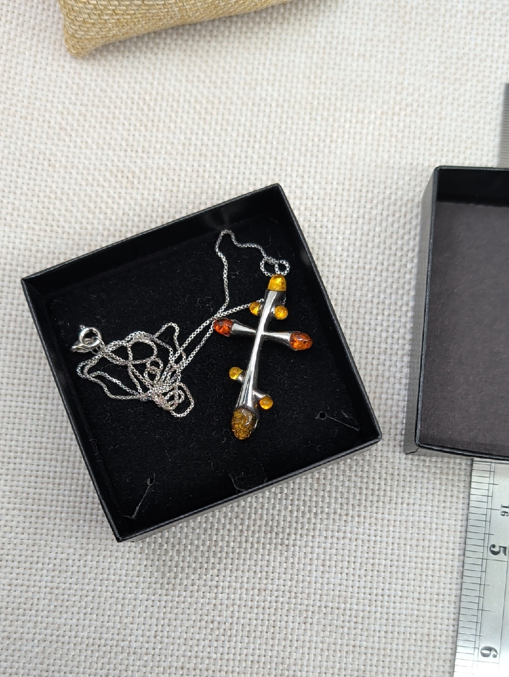 Vintage Baltic Amber Sterling Silver Cross Pendant Necklace 925 Poland 18" - Picture 15 of 16